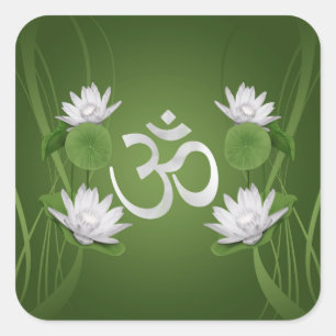 OM-Symbol mit Lotos-Blumen auf Grün Quadratischer Aufkleber