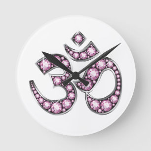 OM-Symbol mit "Rosen-Quarz-" Steinen Runde Wanduhr