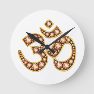 Om Symbol with "Amber" or "Topaz" Stones Runde Wanduhr