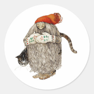 Oma Christmas Tomten mit grauer Katze Runder Aufkleber