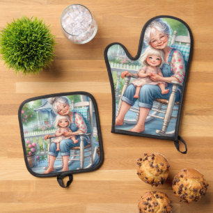 Oma Enkelin Veranda Umarmung Ofenhandschuh & Topflappen-Set