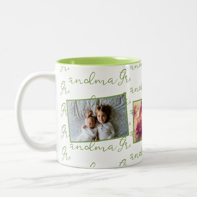 Oma Green Script mit benutzerdefinierten Fotos Zweifarbige Tasse (Links)