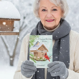 Oma Happy Januar Geburtstag Mit Vögeln am Vogelhau Karte
