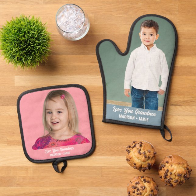 Oma Liebe Kids Custom Foto Ofenhandschuh & Topflappen-Set (Oben Unten)