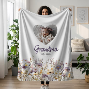 Oma Lila Aquarell Wildblumen & Foto Geschenk Fleecedecke