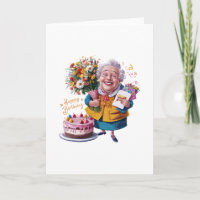 Oma mit Fahrrad, Kuchen und Ballons