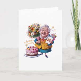 Oma mit Fahrrad, Kuchen und Ballons Dankeskarte