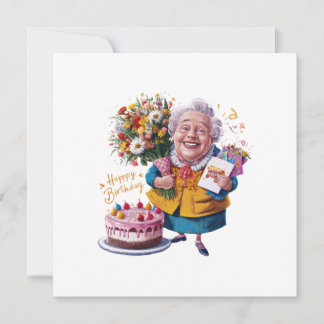 Oma mit Fahrrad, Kuchen und Ballons Einladung