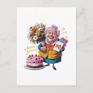 Oma mit Fahrrad, Kuchen und Ballons Einladungspostkarte