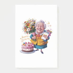 Oma mit Fahrrad, Kuchen und Ballons Post-it Klebezettel