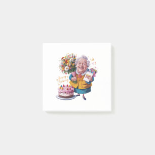 Oma mit Fahrrad, Kuchen und Luftballons Post-it Klebezettel