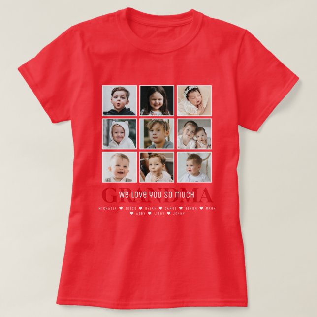 Oma/Nana/Andere 9-Foto Collage Message & Names T-Shirt (Design vorne)