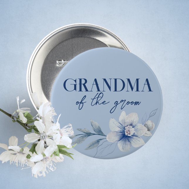 Oma of the Groom Blue Brautparty Button (Grandma of the Groom Watercolor Blue Floral Guest of Honor Buttons. 5 Sizes Available)