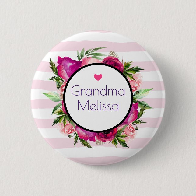 Oma Pink Rose & Poppy Bouquet Button (Vorderseite)