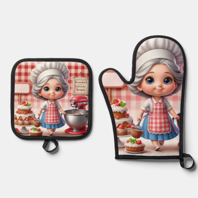 Oma Red Gingham Kariert Ofenhandschuh & Topflappen-Set (Vorderseite)