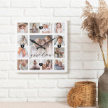 Oma Script Family Memory Foto Grid Collage Quadratische Wanduhr<br><div class="desc">Ein wunderschönes personalisiertes Geschenk für Ihre Oma, das sie noch jahrelang schätzen wird. Mit einem modernen, dreizehn Foto Gitter-Collage-Layout können 13 eigene Erinnerungen für Fotos Ihrer eigenen Familie angezeigt werden. "Oma" entworfen in einem schönen handgeschriebenen schwarzen Skriptstil. Jedes Foto ist mit einem einfachen goldfarbenen Rahmen gerahmt. Einfache schwarze Herzen und...</div>