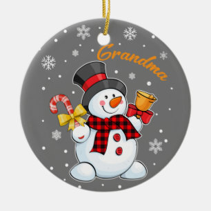 Oma Snowman Candy Cane Christmas Red Kariert Keramik Ornament