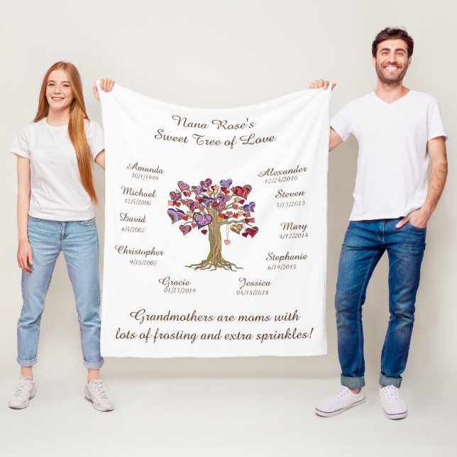 Oma Tree, Herz Brown on White 10 Names/Dates Fleecedecke (Beispiel)