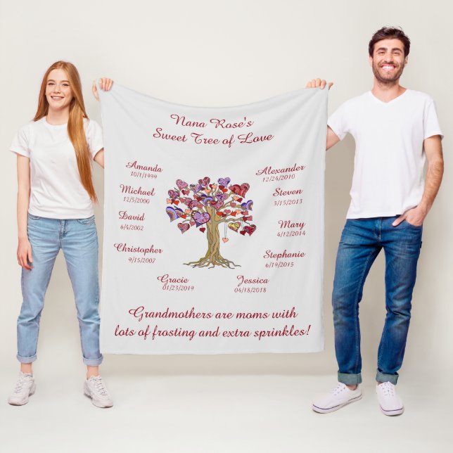 Oma Tree (Herzen) Rot auf Gray 10 Namen & Daten Fleecedecke (Beispiel)