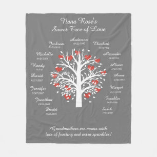 Oma Tree (Herzen), weiß/grau, 15 Namen/Daten Fleecedecke