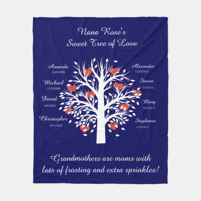 Oma Tree (Herzen), White/Navy 8 Names & Dates Fleecedecke (Vorderseite)