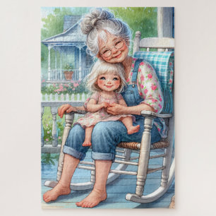 Oma und Enkelin umarmen sich auf der Veranda