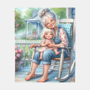 Oma und Enkelin umarmen sich auf der Veranda Fleecedecke