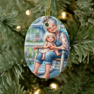 Oma und Enkelin umarmen sich auf der Veranda Keramik Ornament
