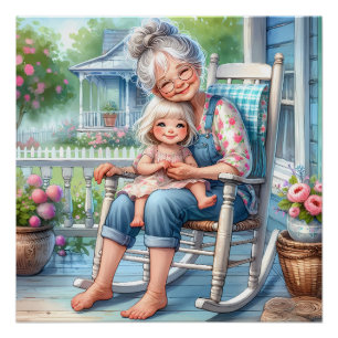 Oma und Enkelin umarmen sich auf der Veranda Poster