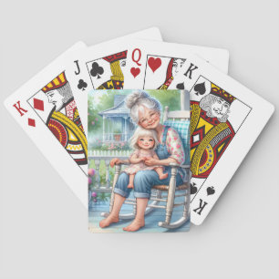 Oma und Enkelin umarmen sich auf der Veranda Spielkarten