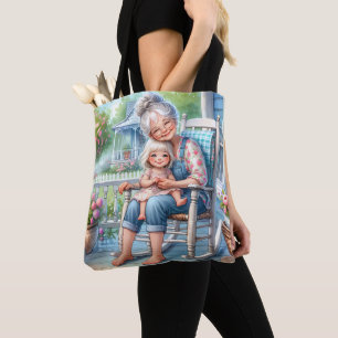 Oma und Enkelin umarmen sich auf der Veranda Tasche