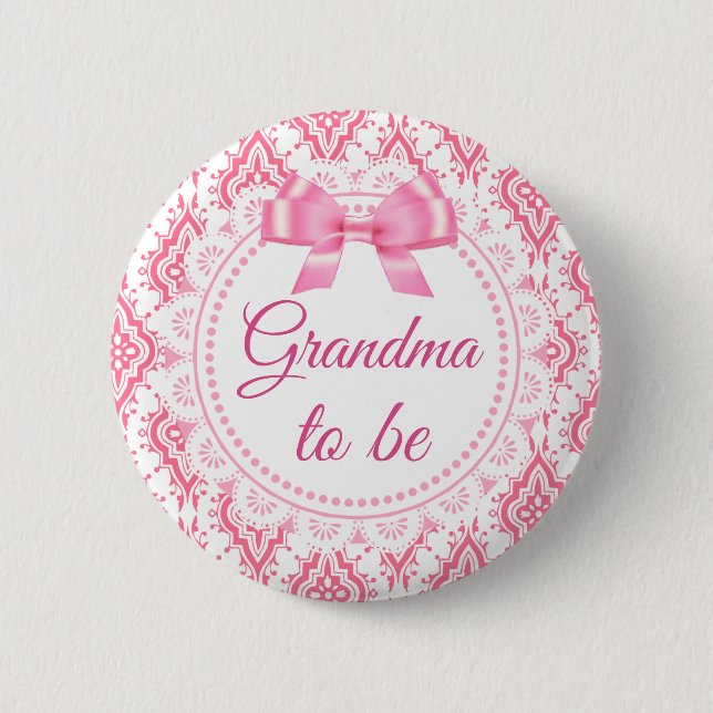 Oma wird Pink Bow Lacey Baby Showknopf Button (Vorderseite)