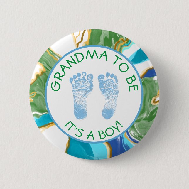 Oma zu Blue und Green Baby Dusche Button (Vorderseite)
