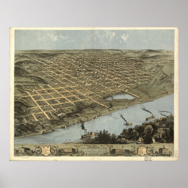 Omaha Nebraska 1868 Antike Panoramakarte Poster (Vorne)