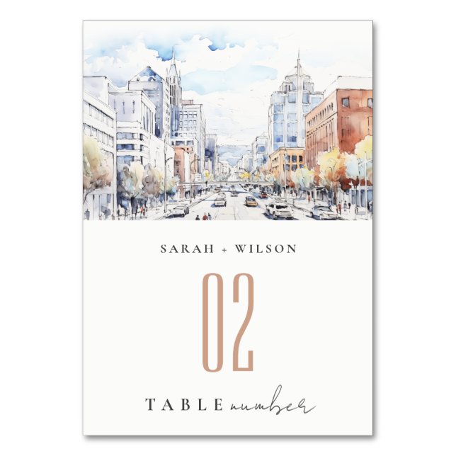 Omaha Nebraska Watercolor Landscape Wedding Tischnummer (Vorderseite)