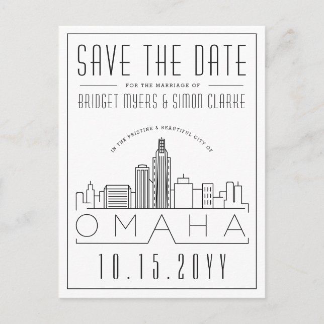 Omaha Wedding | Stilisierte Skyline Save the Date Postkarte (Vorderseite)