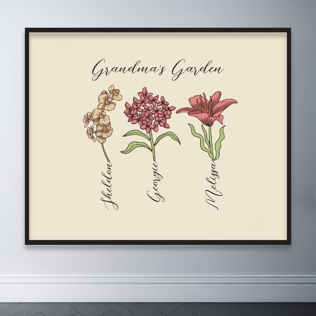 Oma's Garden Blume 3 Grandkids Name Floral Poster (grandma flower garden grandchildren name floral wall art)