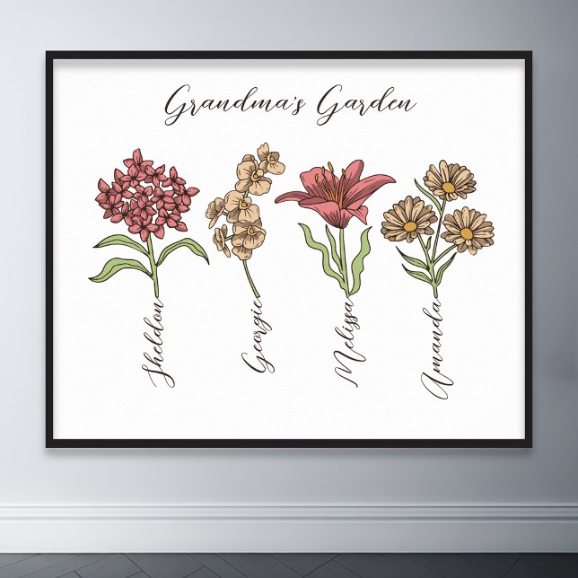 Oma's Garden Blume 4 Grandkids Name Floral Poster (grandma flower garden grandkids names floral poster)