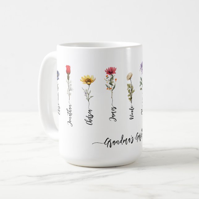 Oma's Garden Custom 9 Names Script-Wildblumen Kaffeetasse (Vorderseite Links)