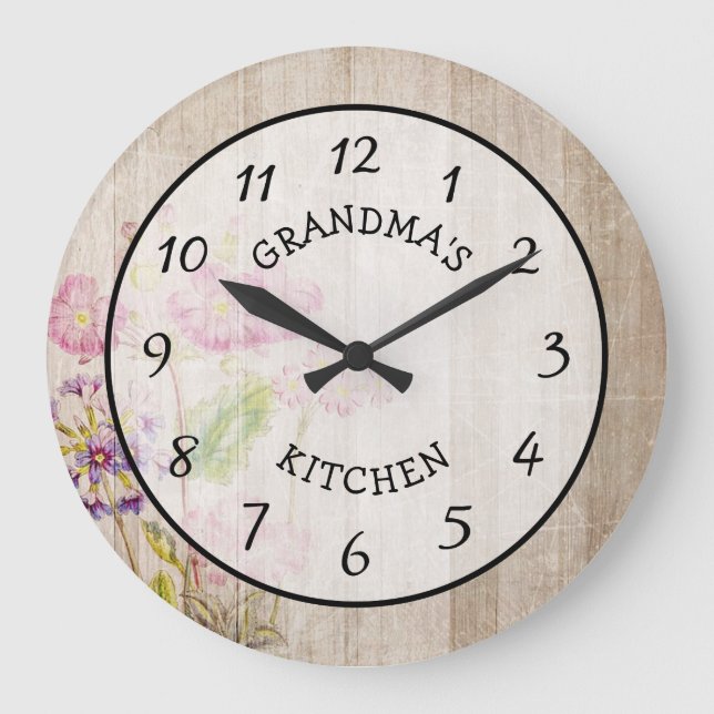 Oma's Kitchen Rustic Floral Holz Uhr (Vorderseite)