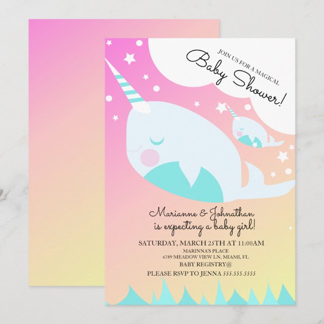 Ombre Baby Shower Narwhale und Baby Magical Invita Einladung (Vorne/Hinten)