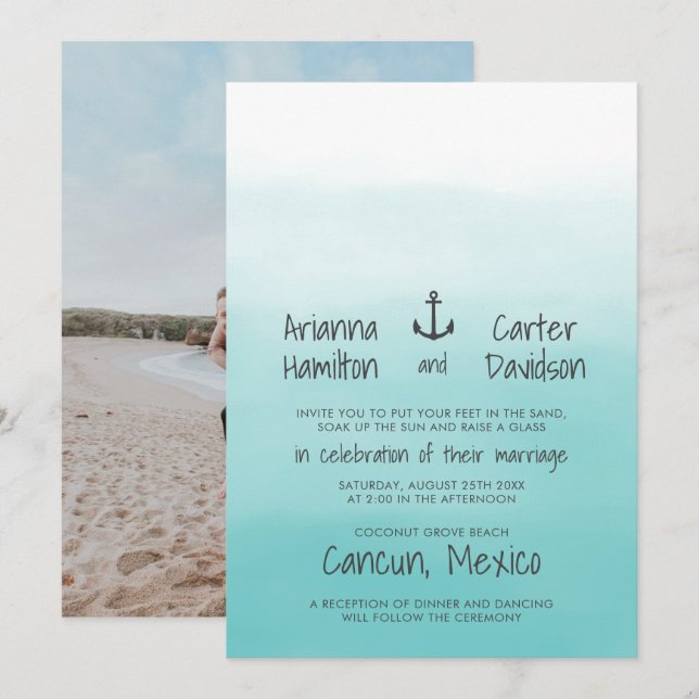 Ombre Beach Destination Ocean Anchor Wedding Einladung (Vorne/Hinten)