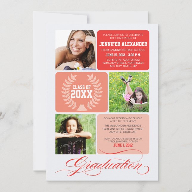 Ombre Blocks Graduation Party Invitation (rouge) (Devant)