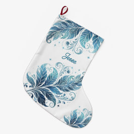 Ombre Blue Filigree Leaf Personalisiert Großer Weihnachtsstrumpf