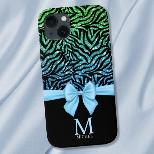 Ombre blue Glitzer Zebra Stripes Bow Monogram Case-Mate iPhone Hülle (Von Creator hochgeladen)
