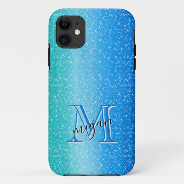 Ombre blue Sparkle Personalisiert Monogram Case-Mate iPhone Hülle (Rückseite)