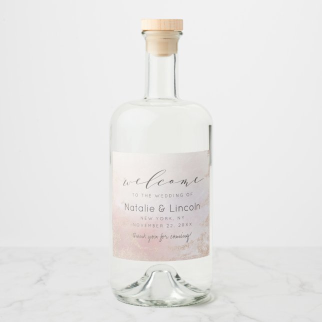 Ombre Blush Pink Mattiert Foil Wedding Willkommen Alkoholflaschenetikett (Vorderseite)