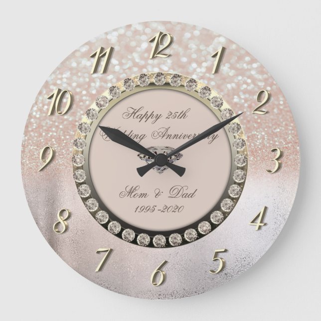 Ombre Bokeh Diamonds 25. Hochzeitstag Große Wanduhr (Vorderseite)