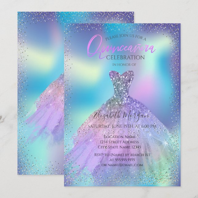 Ombre Dress, Confetti Holographic Quinceañera Einladung (Vorne/Hinten)