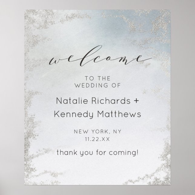 Ombre Dusty Blue Mattiert Luxe Wedding Begrüßungsz Poster (Vorne)